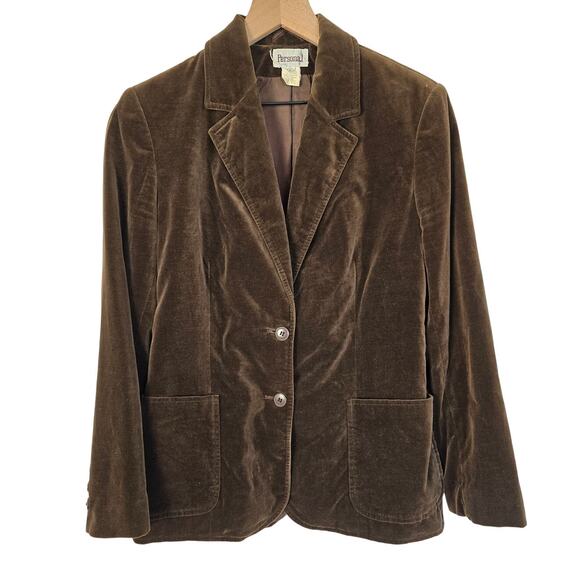 Vintage Personal Brown Velvet Blazer Jacket Tailored 90s Y2K Size 12 - Picture 1 of 3
